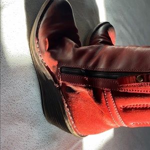 Fly London burnished toe red boots, wedge/artsy